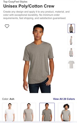 Next Level Unisex Crew Neck T-Shirt - 65% Polyester/35% Cotton, XL, Ash Gray