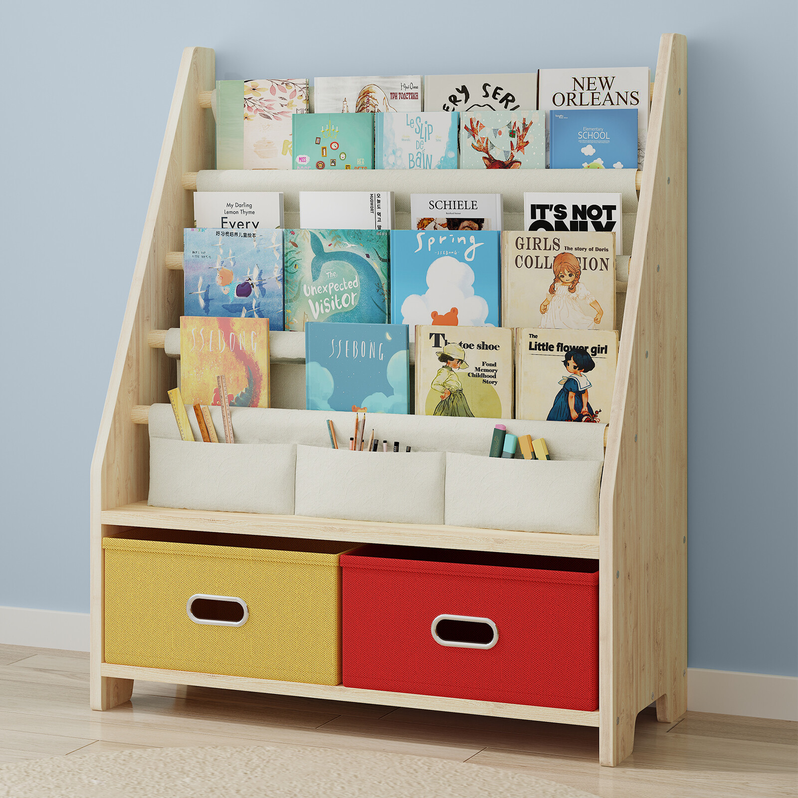 Kids Book Shelf 4 Tier , with Toy  Storage Organizer  , Toddler Sling Bookshelf