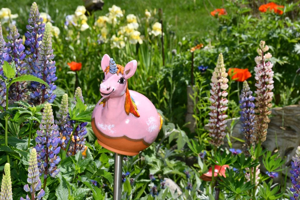 Bola de Jardín Cerámica Decoración Estatua Unicornio Rosa H20cm Midene Hecha a Mano Foto 3 de 4