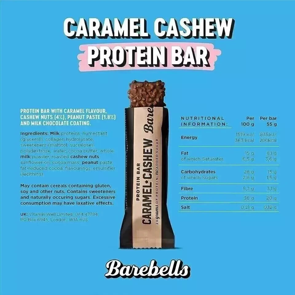 Pack Of 2 x 55g New Barebells Caramel + Cashew Protein Bar Free ...