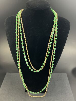 Napier Gold Tone Double Strand Mint Green Bead & Gold Chain 60'' Necklace -Signed