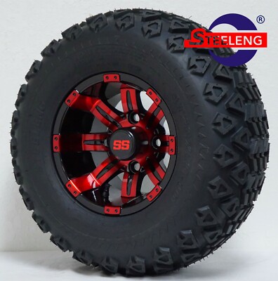 GOLF CART 10'' RED-BLK TEMPEST WHEELS/RIMS and 20x10-10 ALL TERRAIN DOT TIRES(4) 