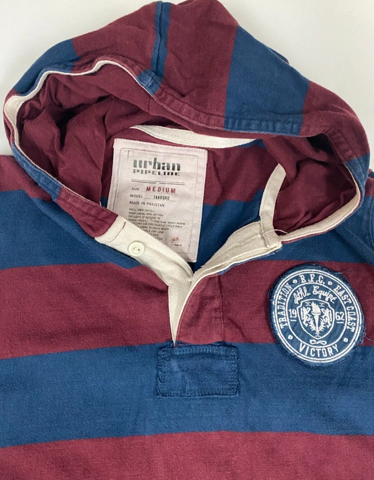 Urban Pipeline Sudadera con Capucha Mediana Para Hombre Rojo Rayas Botón Azul Pullover Foto 4 de 4