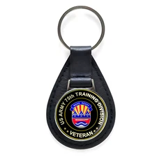 US Army 75th Training Division Veteran Black Leather Keychain Silver Keyring