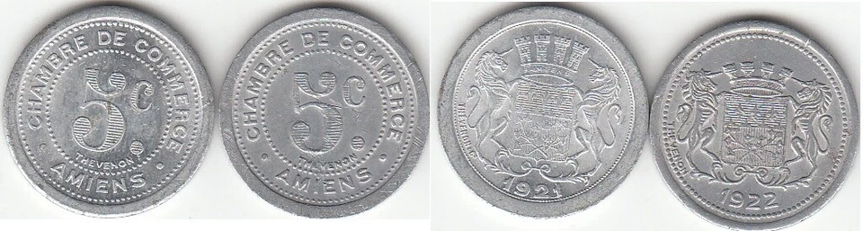 France Amiens Lot de 2 monnaies de nécessité de 5 centimes 1921-1922 - Photo 1/1