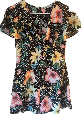 Zara Basic Z1975 Denim XS Romper.  Black Floral Polka Dot Design. Has Pockets.