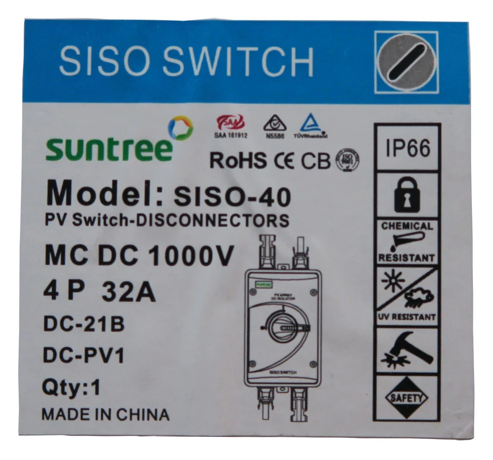 SISO-40 PV Switch / DC-Trennschalter / PV Schalter 4-polig 32A 1000V IP66 0%MwSt - Bild 4 von 4