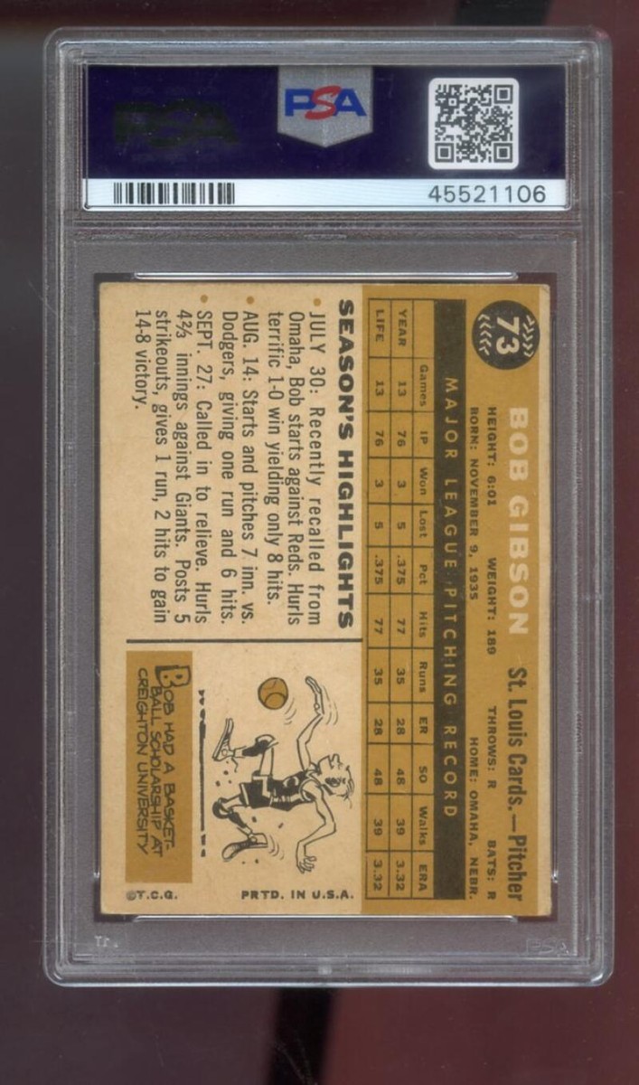 1960 Topps #73 Bob Gibson St. Louis Cardinals MLB PSA 3