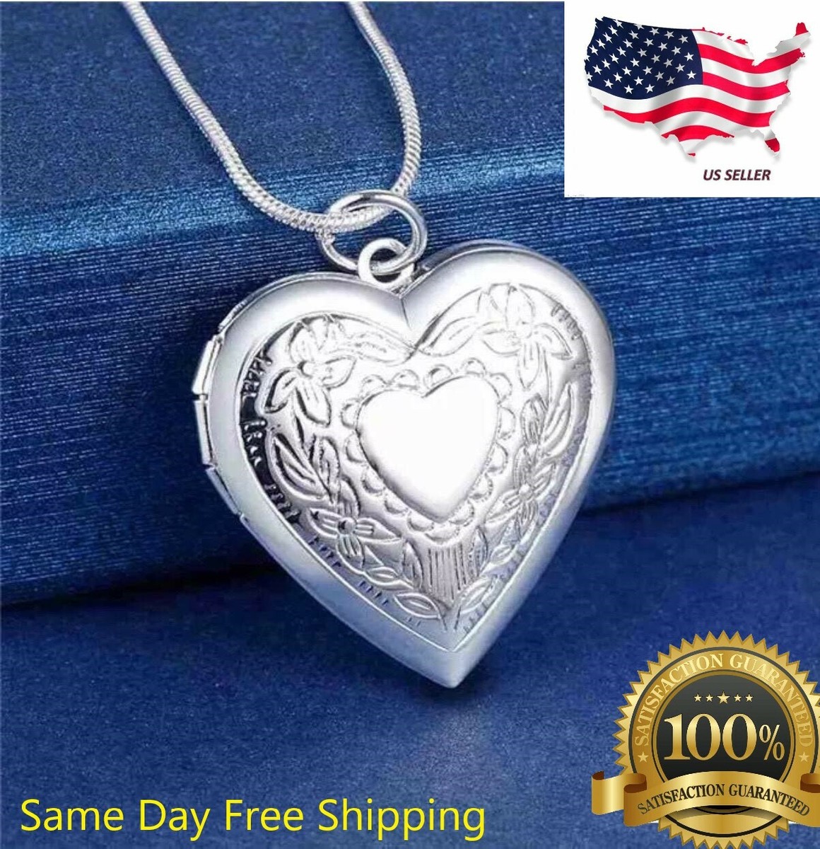 925 Sterling Silver Plated Heart Necklace, Locket Photo