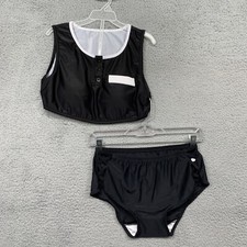 2 Pc Swimsuit M Padded Black w/White Trim Bottom Sides Crisscross Openings NWOT