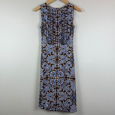 Tory Burch 100% Silk Dress Women's 0 Brown Blue Printed Sleeveless Classic Retro