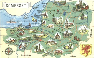 Vintage Somerset Karte Postkarte topographisch illustriert Großbritannien