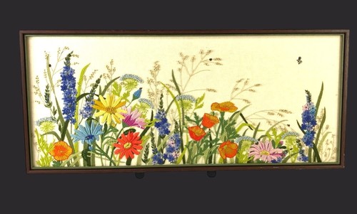 Vintage Framed Wildflower Embroidery Art On Linen w/ Walnut Frame 19"x43"x2