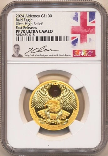 1 oz Alderney Gold Bald Eagle Coin - Ultra High Relief - NGC PF70 First Releases