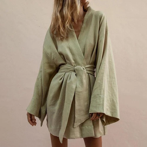 Women's Classic Linen Long Sleeve Shirt Dress Boho Chic Sleep Robe With Belt New
