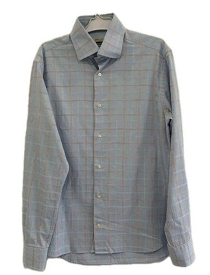 Eredi Caruso Men s Dress Shirt 41/16 L Blue Plaid Pure Cotton Italy Long #C10
