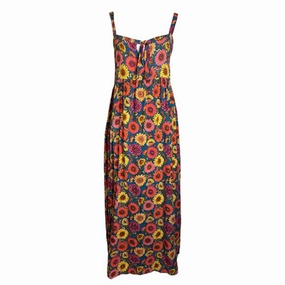 Natural Life Patti Maxi Dress L Teal Sunflower Tie Front Empire Waist Side  Slit | eBay