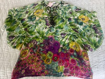 Adore Beaded Kaftan Blouse  Sheer Floral New Made In India Viscose Large New
