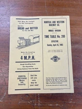 Norfolk & Western Railway Co. Muncie Division Timetable No. 200 April 25th, 1965