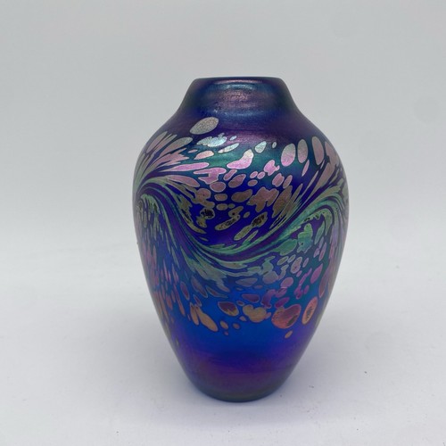 Maytum Studios Hand Blown Vase Blue Art Glass Iridescent Oil Spill ~5.5” - Picture 4 of 23