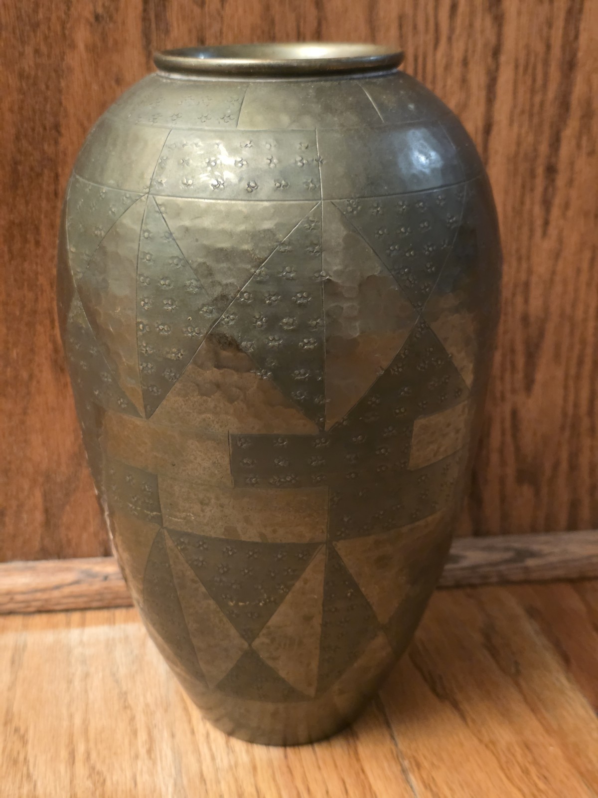 Vintage hammered brass vase with Art Deco geometric pattern