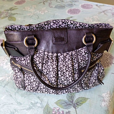 DKNY Monogram Canvas & Leather Handbag Black/White Zip Double Handles Silver
