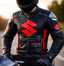 Men Suzuki Black Motorbike LeatherJacket Motorcycle Biker Racing Sports Jacket