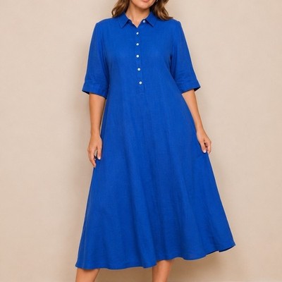 J. Jill Love Linen Shirt Dress Cobalt Blue XL Coastal Pockets 100% Linen preppy