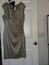 Chaps silver poly/spandex Silver cross V-neck side sash dress Sz 16-XL Slim Fit
