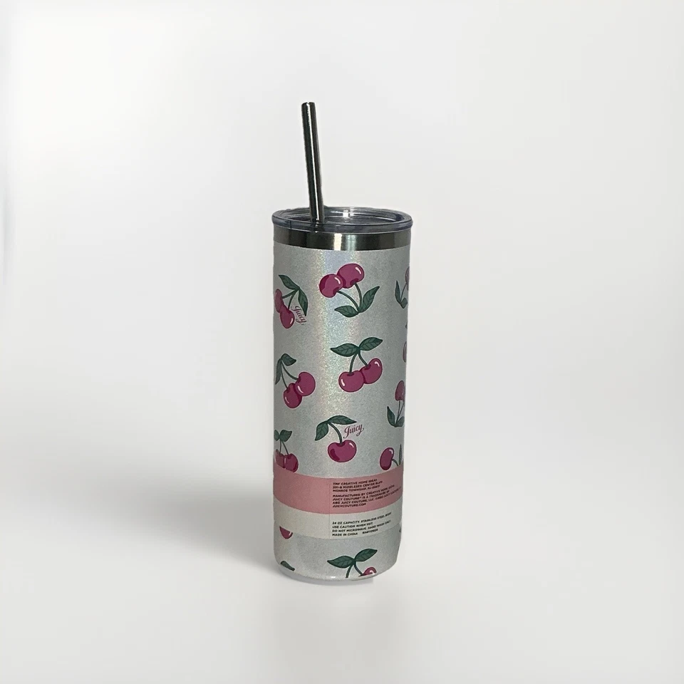 Vaso holográfico de acero inoxidable con pajita Juicy Couture 24 oz cereza Foto 4 de 4