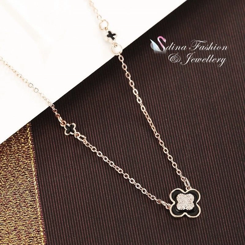 18K Rose Gold Filled Simulated Agate Cubic Zirconia Black 4 Leaf Clover Necklace - Image 3 of 4