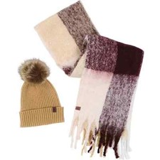 Lucky Brand Women's 2 Piece Hat and Scarf Set Wine and Camel