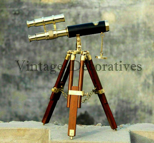 Brass Antique Nautical Double Barrel Marine Telescope Wooden Tripod Stand Decor - Picture 2 of 4