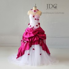 Gerafftes Fushia Weiß Ballkleid Brautkleid Abendkleid Roses Tüllrock Federn NEU