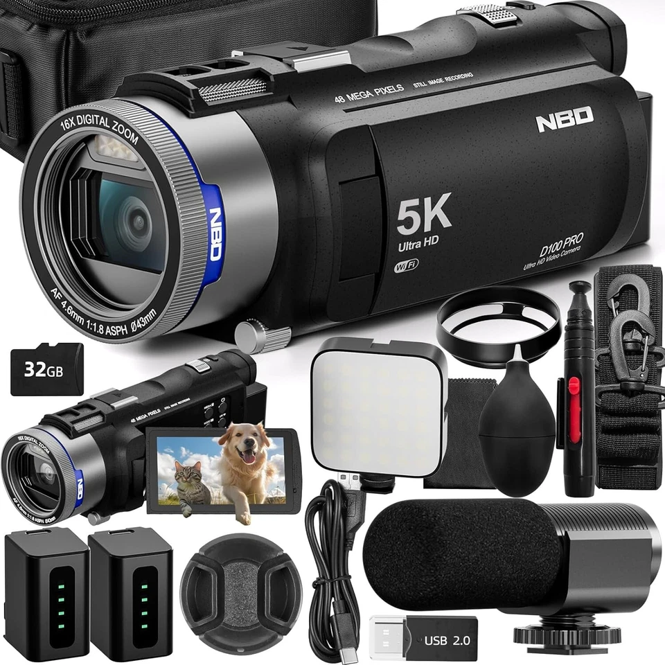 Videokamera Camcorder 5K 48MP 16X Anti-Shake mit 270° IPS Flip Screen Vlogging
