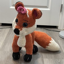 Crochet Knitted Orange Fox Pink White Bow Handmade Plush Toy Doll Large Stuffy