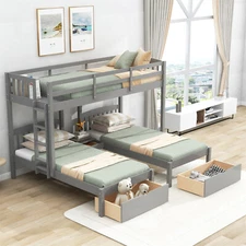 Twin/Full Over Twin & Twin Wood Triple Bunk Bed With Guardrails for Kids Adults