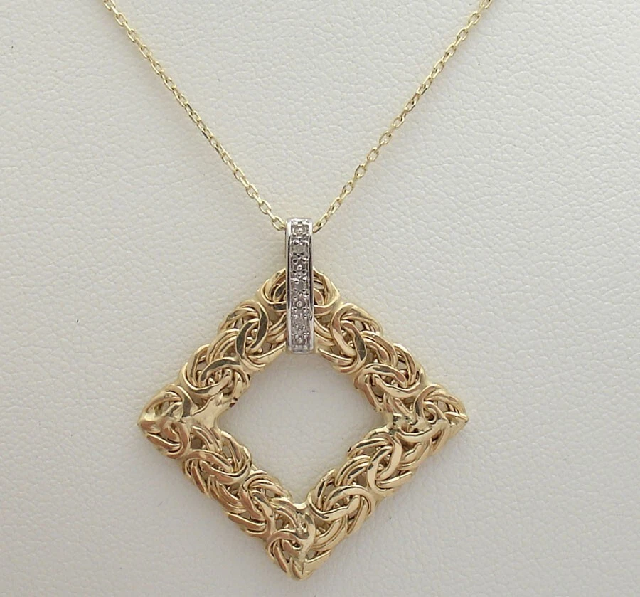 Natural Diamond Accent Square Byzantine Pendant Cable Chain Real 14K Yellow Gold - Image 3 of 4