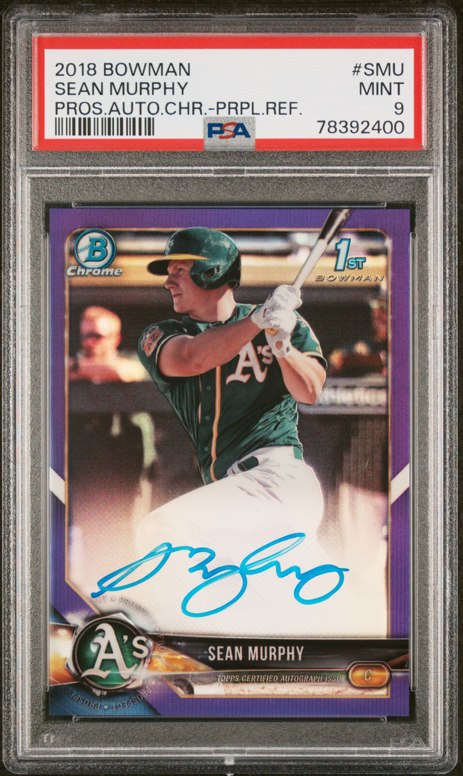 2018 BOWMAN CHROME SEAN MURPHY PURPLE 1ST AUTO ROOKIE PSA 9 SMU /250 A'S BRAVES