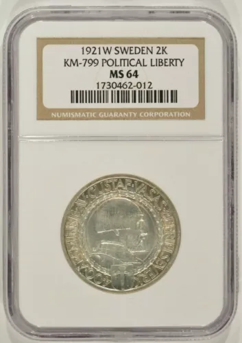 1921-W Sweden Silver 2 Kronor NGC MS64 KM-799 400th Political Liberty Gustaf V