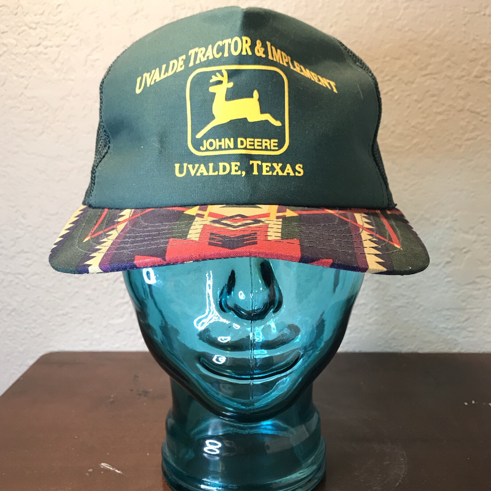 John Deere Aztec Brim Snapback Hat with Uvalde Texas Tractor Design