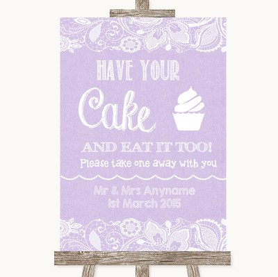Lila Sackleinen & Spitze Have Your Cake & Eat It Too personalisiertes Hochzeitsschild