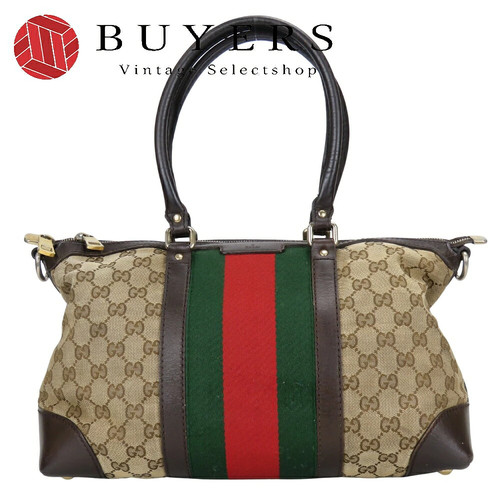 Used Gucci Handbag Sherry Line 257341 Gg Canvas Leather Beige Dark Brown Ladies