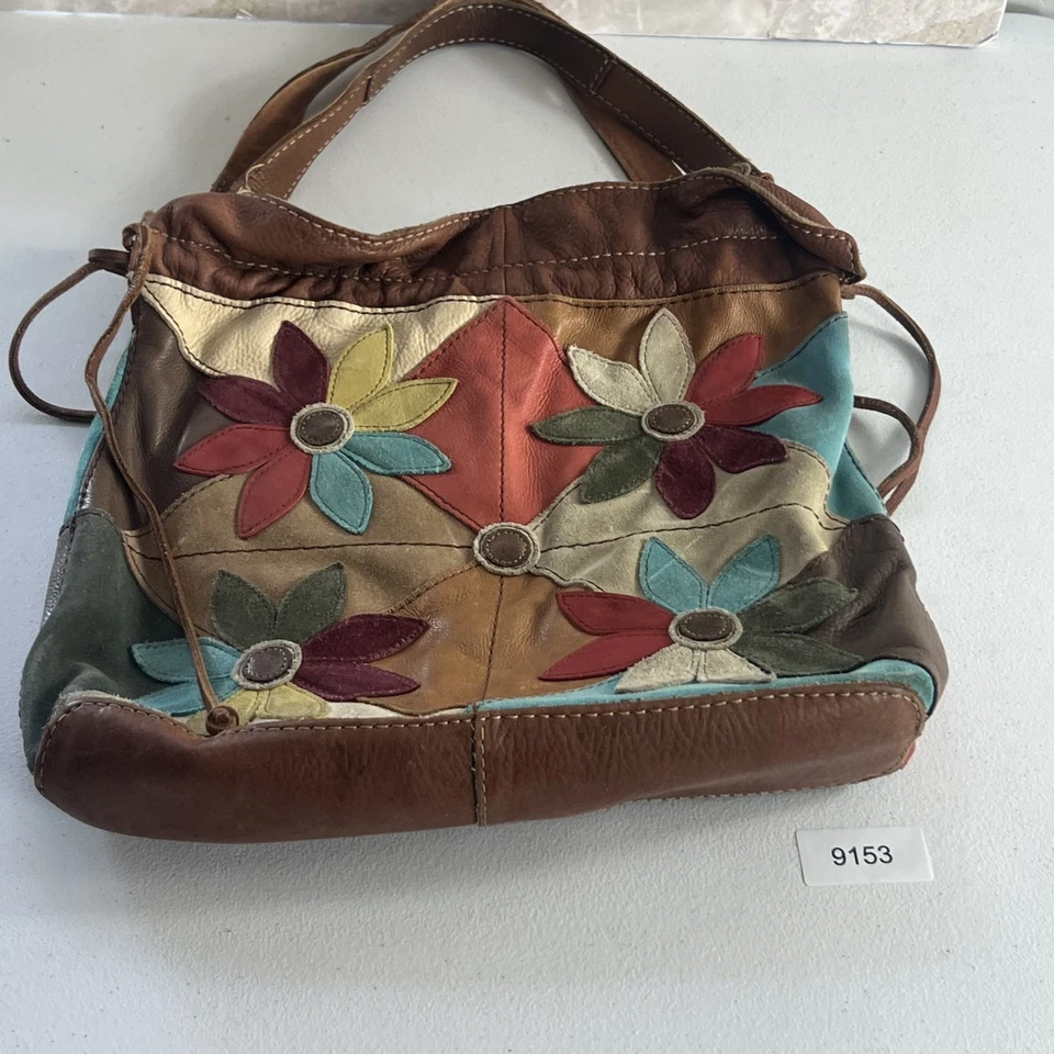 Lucky Brand Hobo Shoulder Bag Colorful Patchwork Leather Suede Flowers Vtg Boho - Image 3 of 4