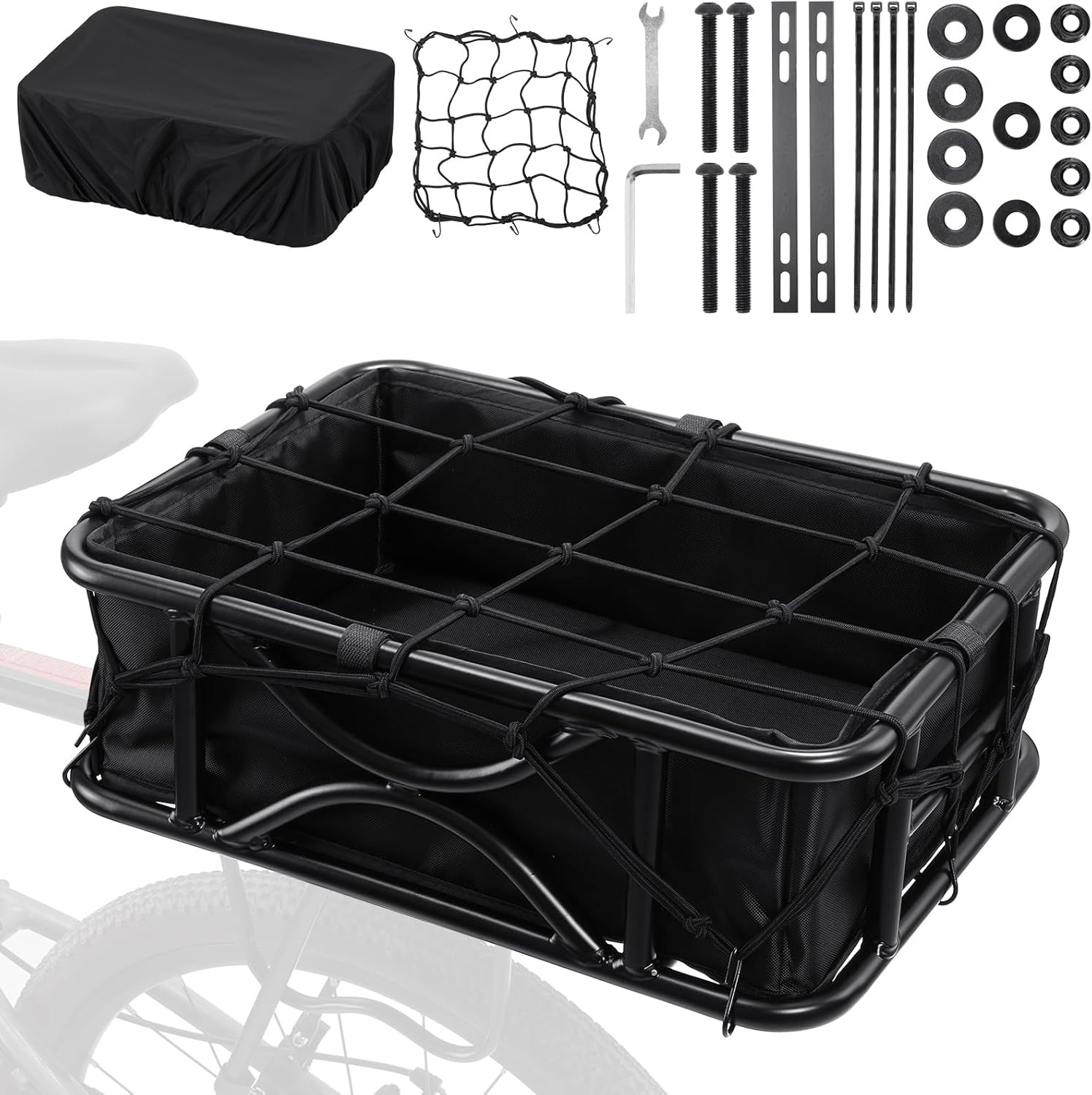 Durable Rear Bike Basket with Waterproof Cover & Cargo Net - Universal Fit