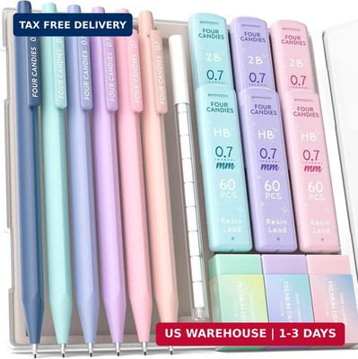 Four Candies 6PCS Cute Mechanical Pencil Set with 372 Leads & Erasers, 0.7mm Med