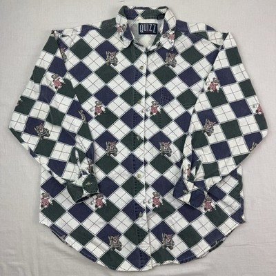Vintage Quizz Checkered Teddy Bear Button Up Shirt Womens Large Winter Fun