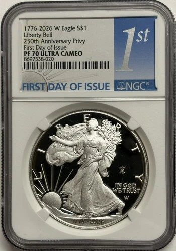 1776 2026 W NGC PF70 FDOI American Proof Silver Eagle Dual Date 250th Bell Privy