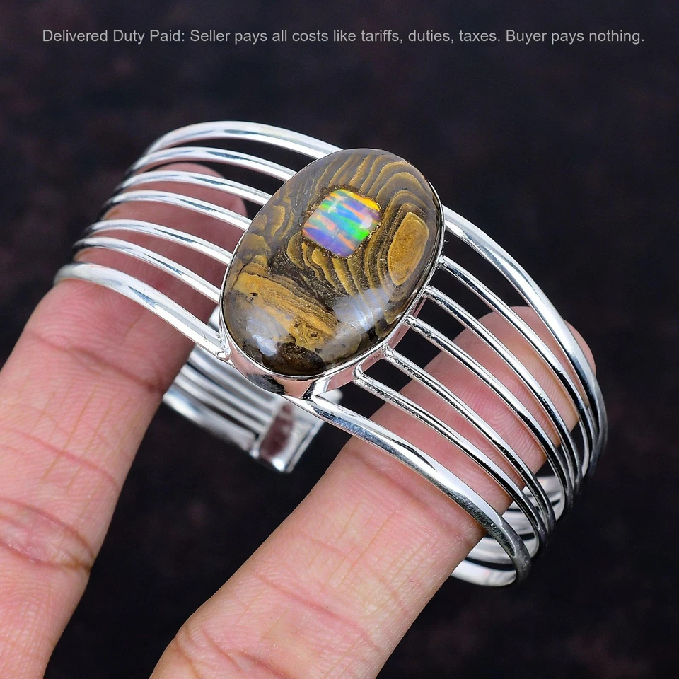 Brazalete nuevo de plata 925 con ópalo etópico natural en ópalo de roca hecho a mano Foto 4 de 4