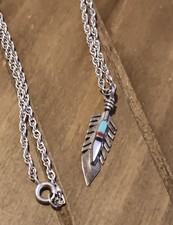 Vintage Navajo Multi-Stone Turquoise Inlay Feather Pendant Necklace Sterling 5g